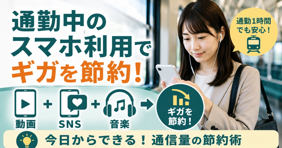 通勤中のスマホ利用と通信量節約を解説するイメージ
