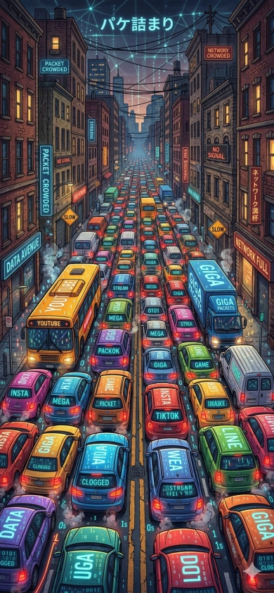 狭い道路に車（データ）がギッシリ詰まって大渋滞している絵