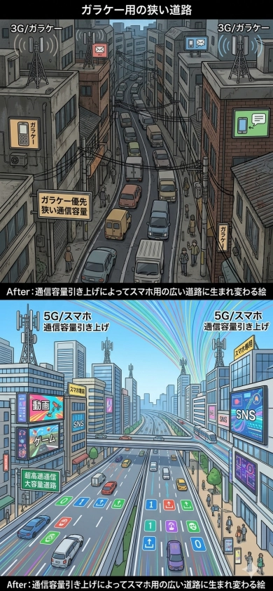 ガラケー用の狭い道路が、通信容量引き上げによってスマホ用の広い道路に生まれ変わる絵